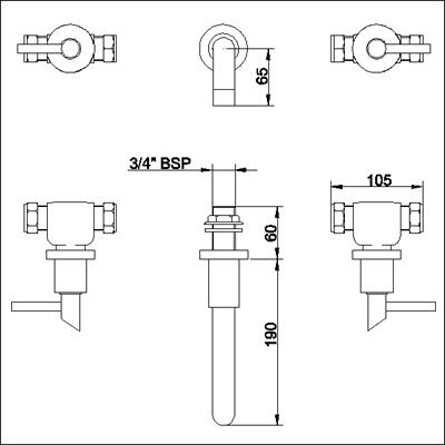 Additional image for 3 Faucet hole wall mounted bath filler with small spout.