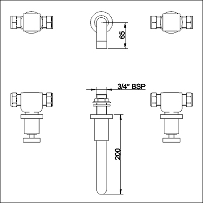 Additional image for 3 Faucet hole wall mounted bath filler with small spout.