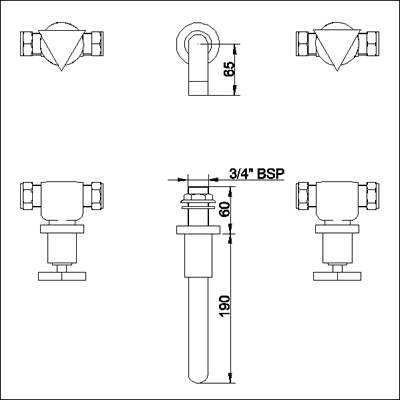 Additional image for 3 Faucet hole wall mounted bath filler with small spout.