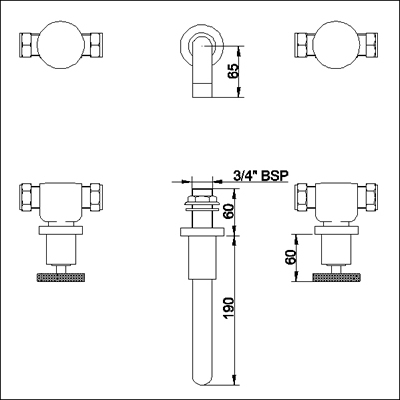 Additional image for 3 Faucet hole wall mounted bath filler with small spout.