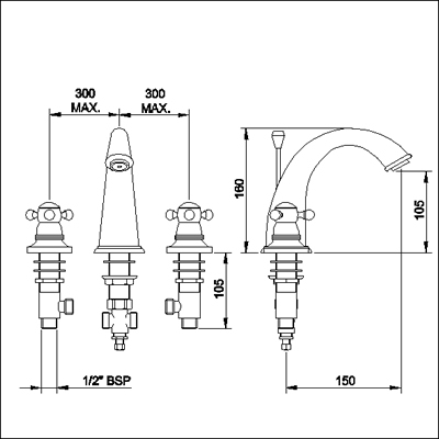 Additional image for Luxury 3 faucet hole basin mixer with free pop up waste.