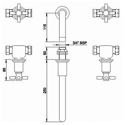 Additional image for 3 Faucet Hole Wall Mounted Bath Faucet With Cross Handles.